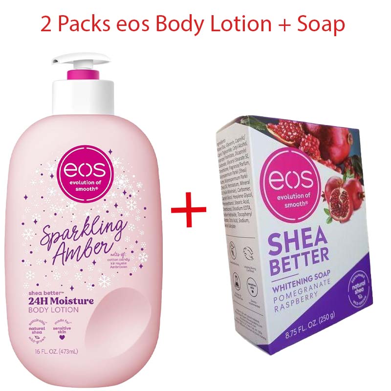 Eos Sparkling Amber Body Lotion Plus Eos Raspberry Soap 2 Pack Moisturizing Brightening Deep Cleansing Skincare Set for Soft Smooth Glowing Face Body Care Women Men