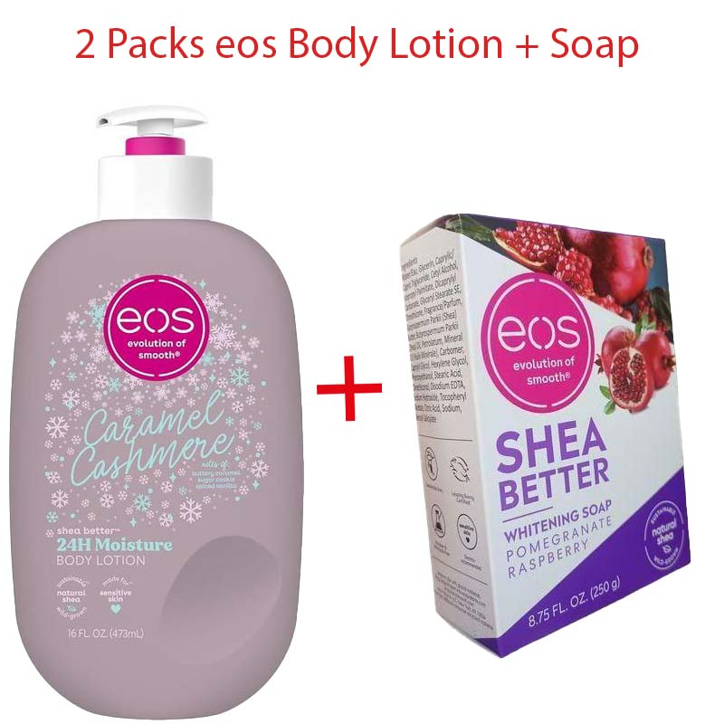 Eos Caramel Cashmere Body Lotion Plus Eos Raspberry Soap 2 Pack Moisturizing Deep Cleansing Brightening Skincare Set for Soft Smooth Glowing Face Body Care Women Men