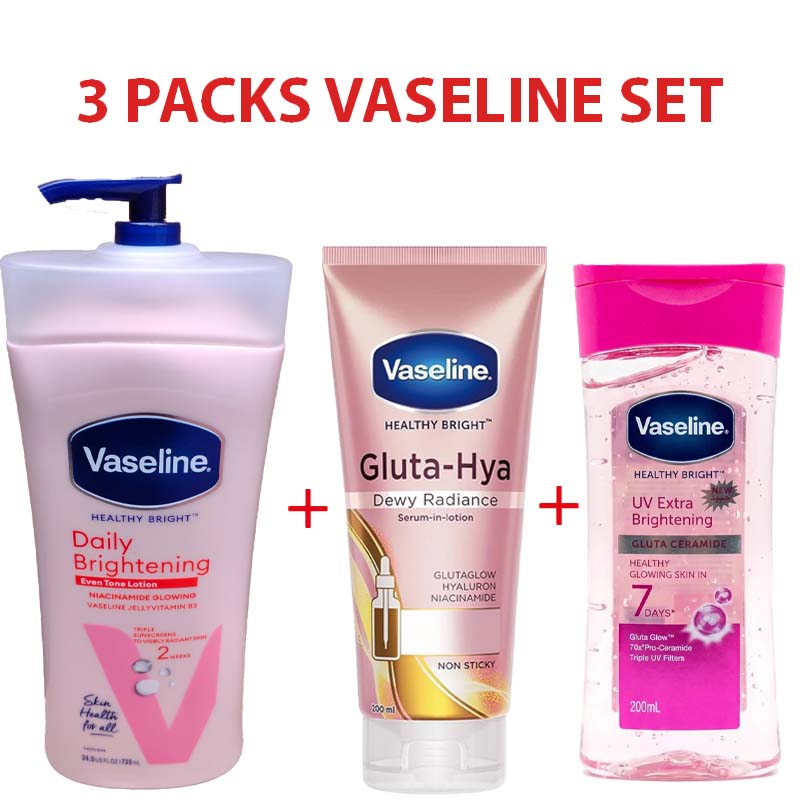 Vaseline 3 in 1 Body Care Combo Extra Brightening Lotion 500ml + Body Oil 200ml + Gluta Hya Dewy Radiance Serum 300ml Hydrating Smooth Glowing Skin Moisturizing Bundle Offer