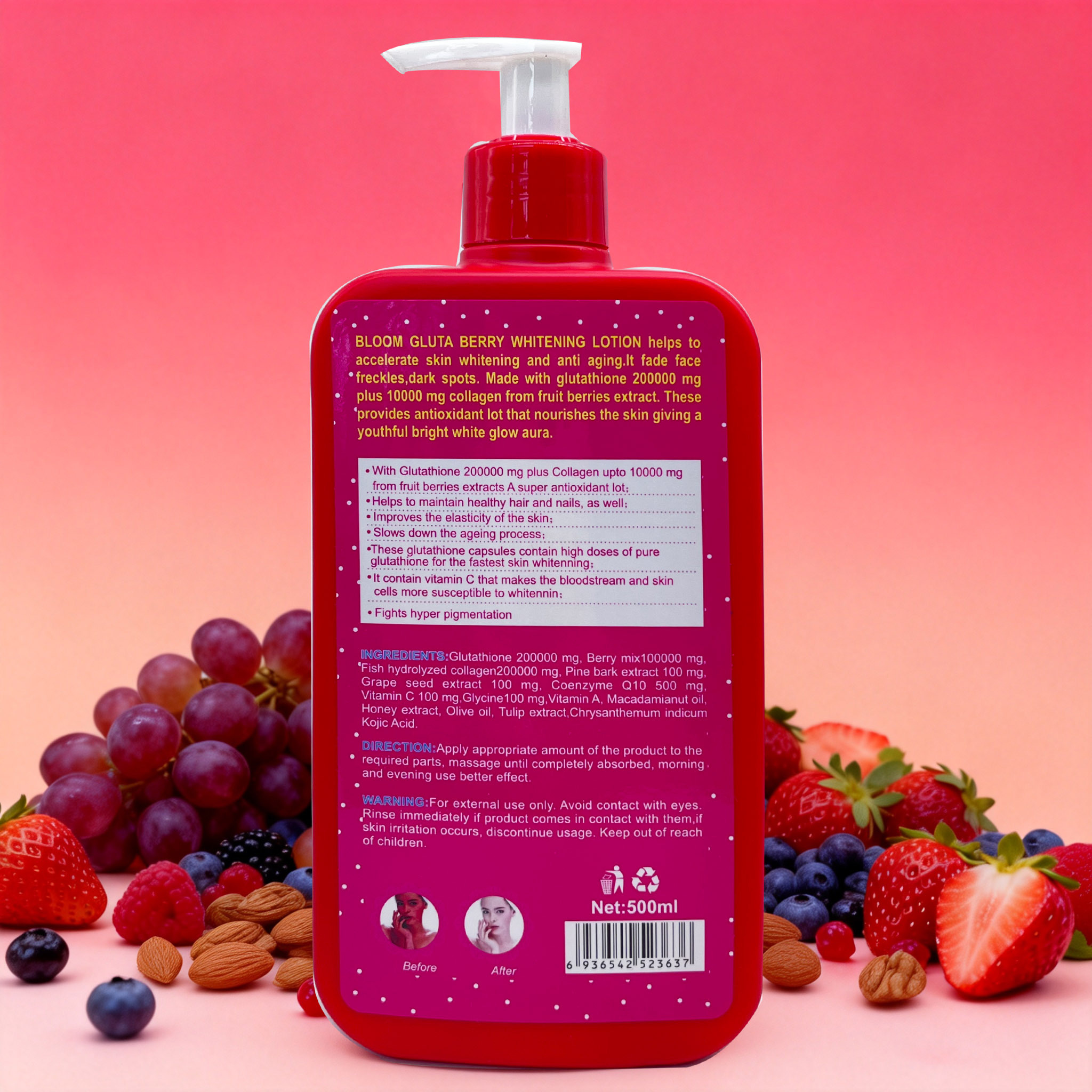 Bloom Gluta Berry Fast Action Whitening & Anti-Aging Body Lotion 500ml – Glutathione Brightening Moisturizer for Dark Spots & Uneven Skin Tone, Hydrating Body Cream for Soft Smooth Radiant Skin
