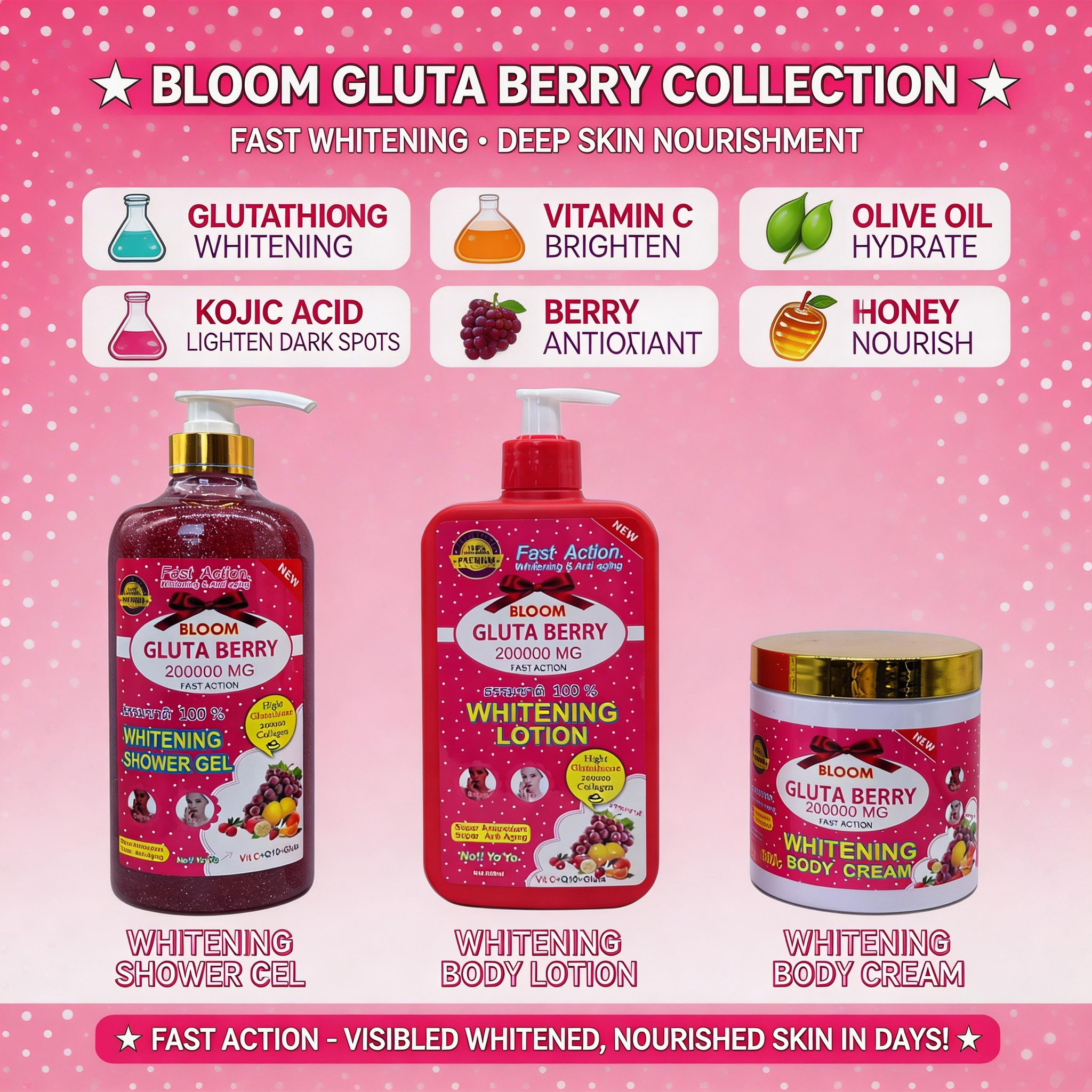 Bloom Gluta Berry Fast Action Whitening & Anti-Aging Body Lotion 500ml – Glutathione Brightening Moisturizer for Dark Spots & Uneven Skin Tone, Hydrating Body Cream for Soft Smooth Radiant Skin