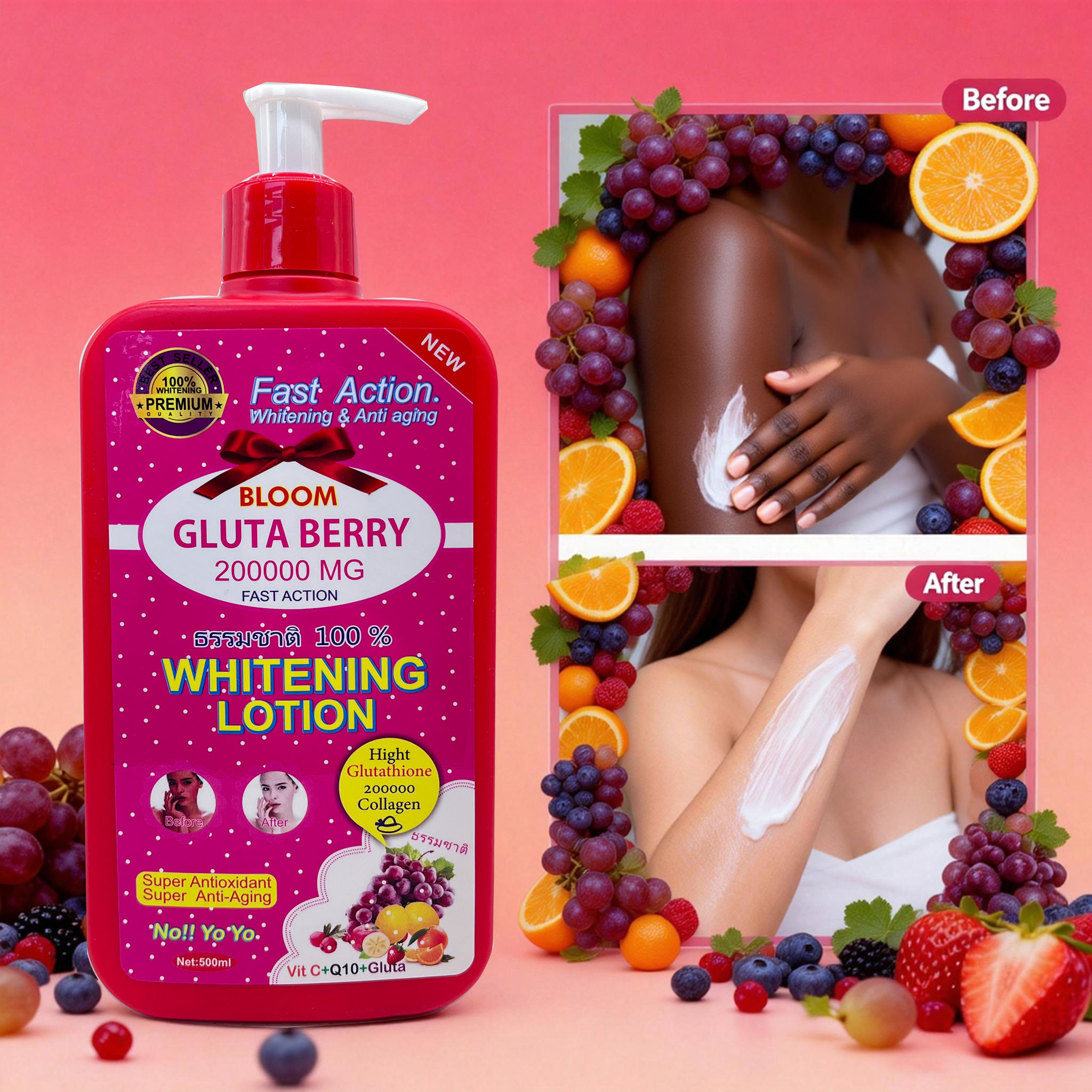 Bloom Gluta Berry Fast Action Whitening & Anti-Aging Body Lotion 500ml – Glutathione Brightening Moisturizer for Dark Spots & Uneven Skin Tone, Hydrating Body Cream for Soft Smooth Radiant Skin