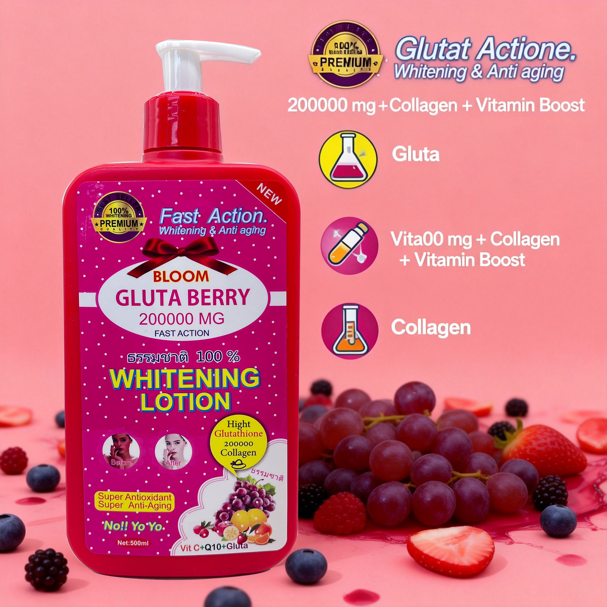 Bloom Gluta Berry Fast Action Whitening & Anti-Aging Body Lotion 500ml – Glutathione Brightening Moisturizer for Dark Spots & Uneven Skin Tone, Hydrating Body Cream for Soft Smooth Radiant Skin