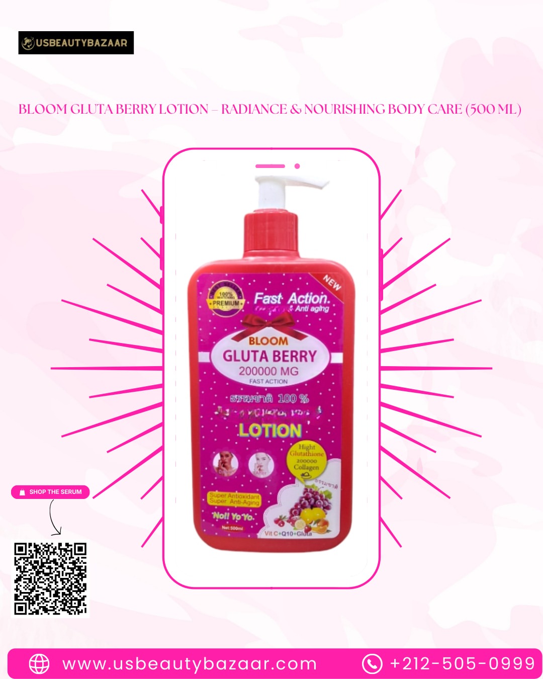 Bloom Gluta Berry Fast Action Whitening & Anti-Aging Body Lotion 500ml – Glutathione Brightening Moisturizer for Dark Spots & Uneven Skin Tone, Hydrating Body Cream for Soft Smooth Radiant Skin