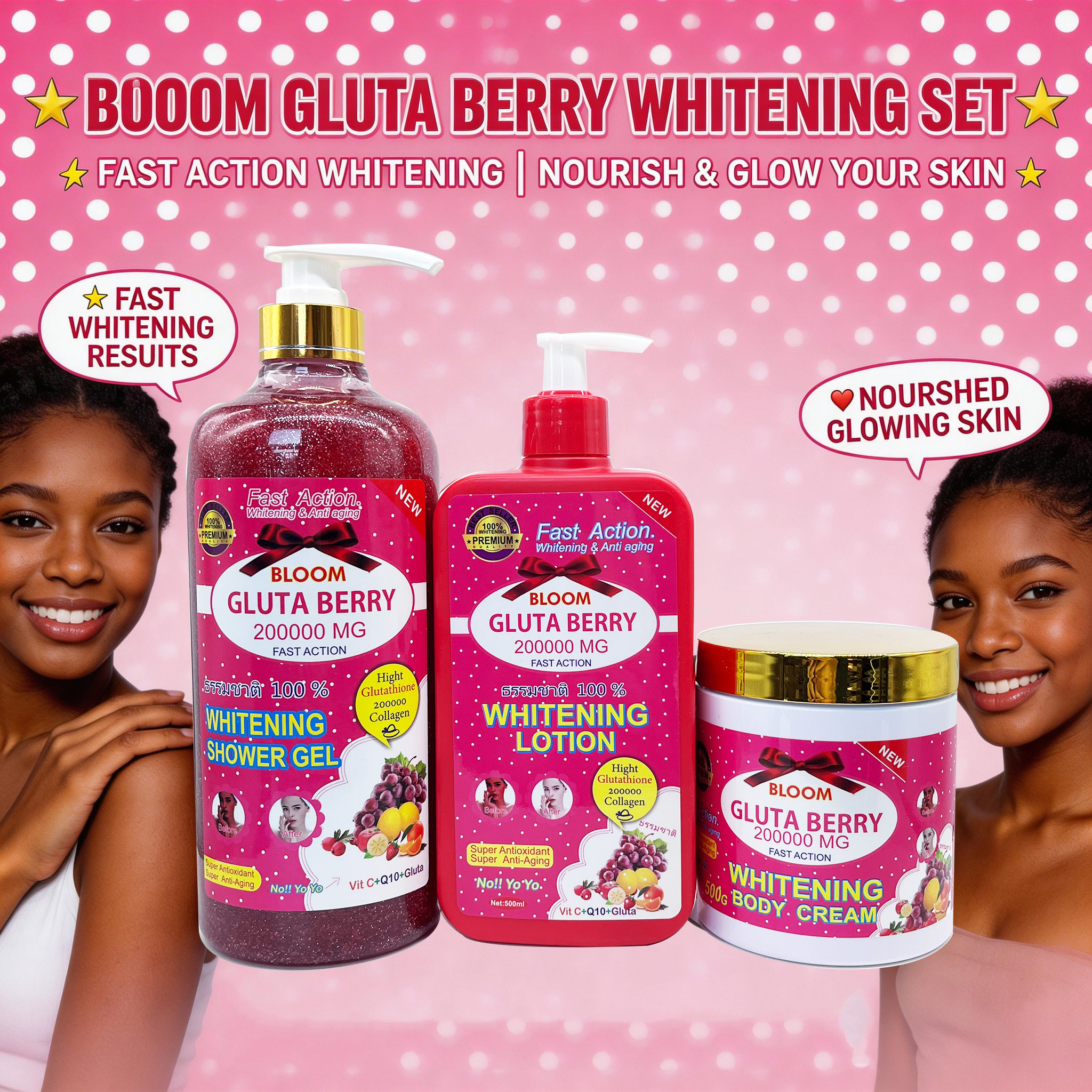 Bloom Gluta Berry Fast Action Whitening & Anti-Aging Body Lotion 500ml – Glutathione Brightening Moisturizer for Dark Spots & Uneven Skin Tone, Hydrating Body Cream for Soft Smooth Radiant Skin