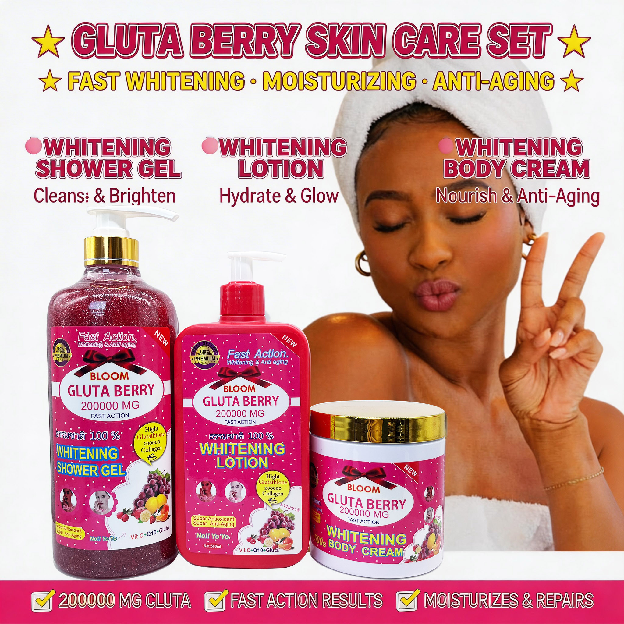 Bloom Gluta Berry Fast Action Whitening & Anti-Aging Body Lotion 500ml – Glutathione Brightening Moisturizer for Dark Spots & Uneven Skin Tone, Hydrating Body Cream for Soft Smooth Radiant Skin