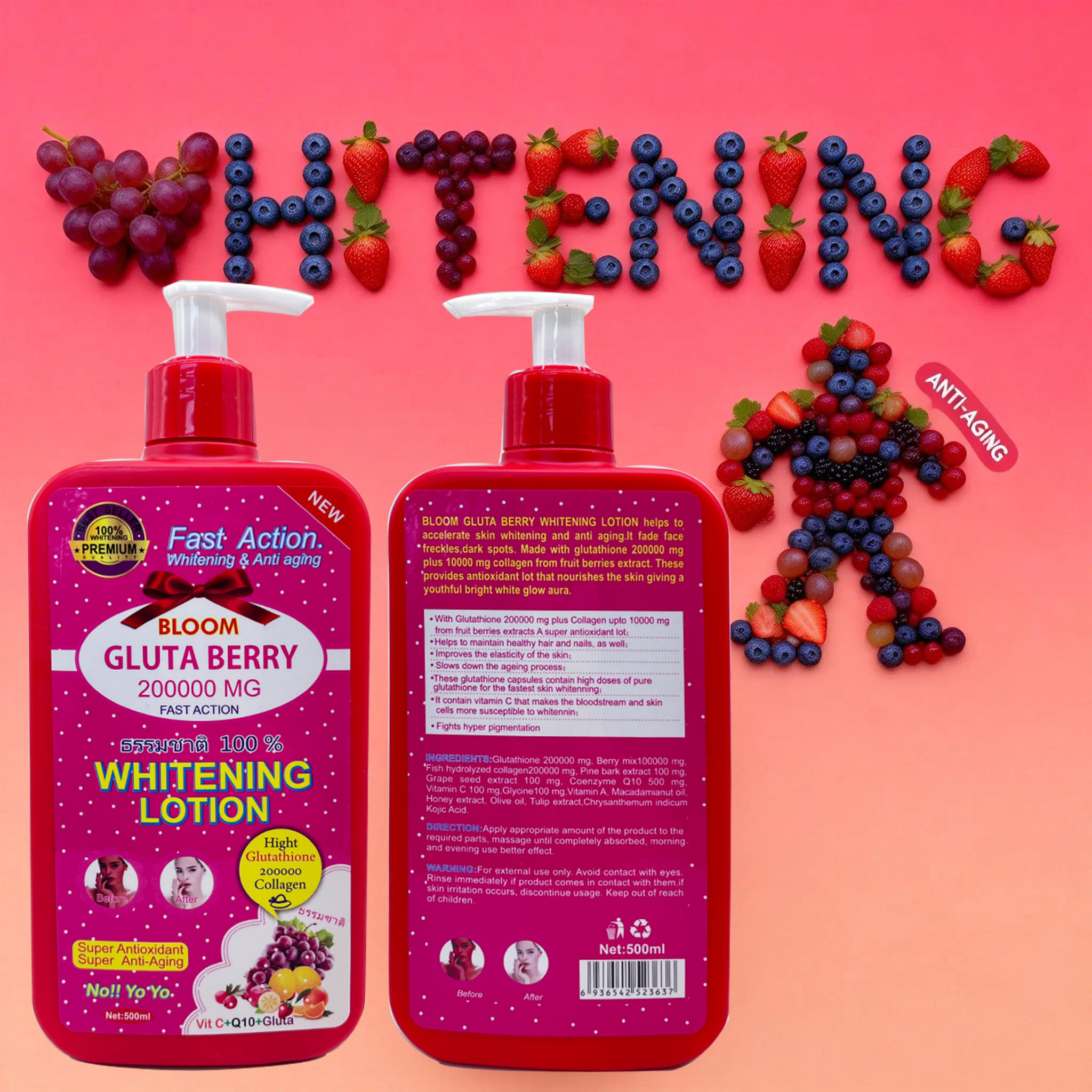 Bloom Gluta Berry Fast Action Whitening & Anti-Aging Body Lotion 500ml – Glutathione Brightening Moisturizer for Dark Spots & Uneven Skin Tone, Hydrating Body Cream for Soft Smooth Radiant Skin