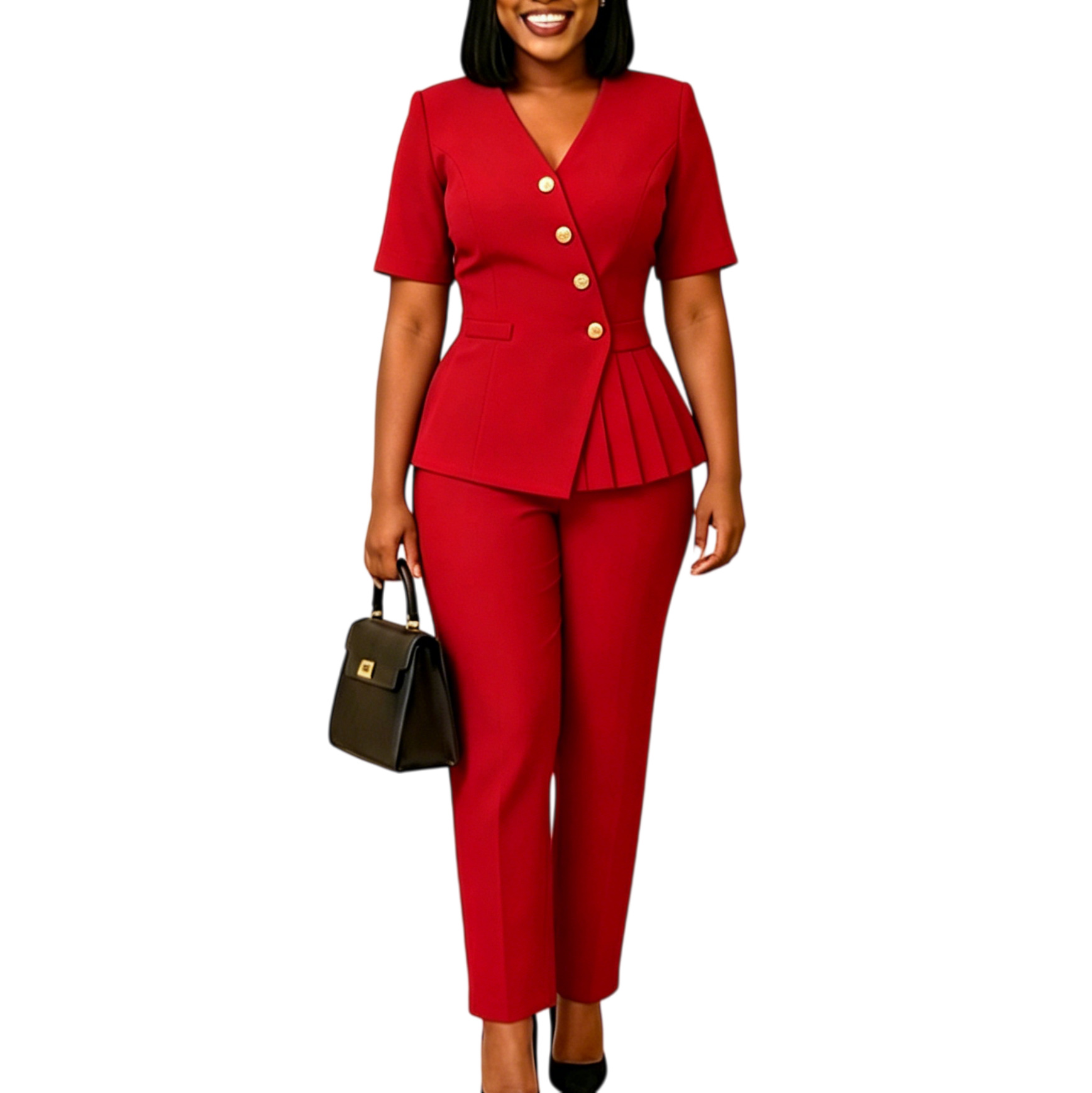 Amazon's new cross-border women's clothing - a stylish all-cotton casual blouse and pants set for office wear, in a solid color, for an African-style outfit.