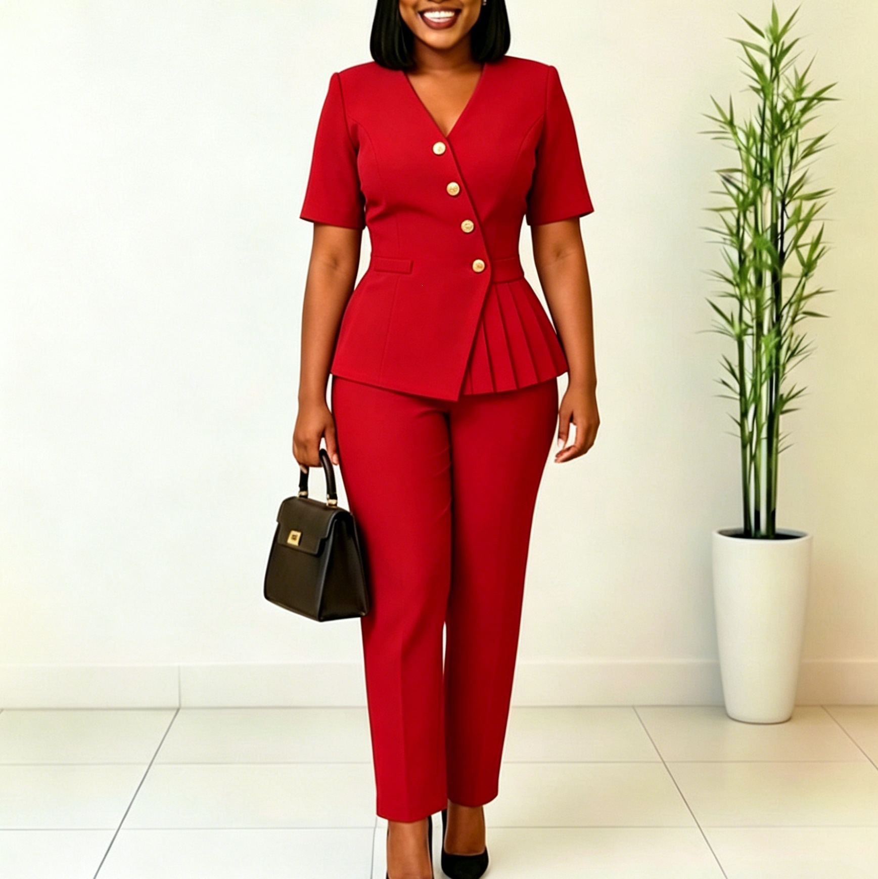 Amazon's new cross-border women's clothing - a stylish all-cotton casual blouse and pants set for office wear, in a solid color, for an African-style outfit.