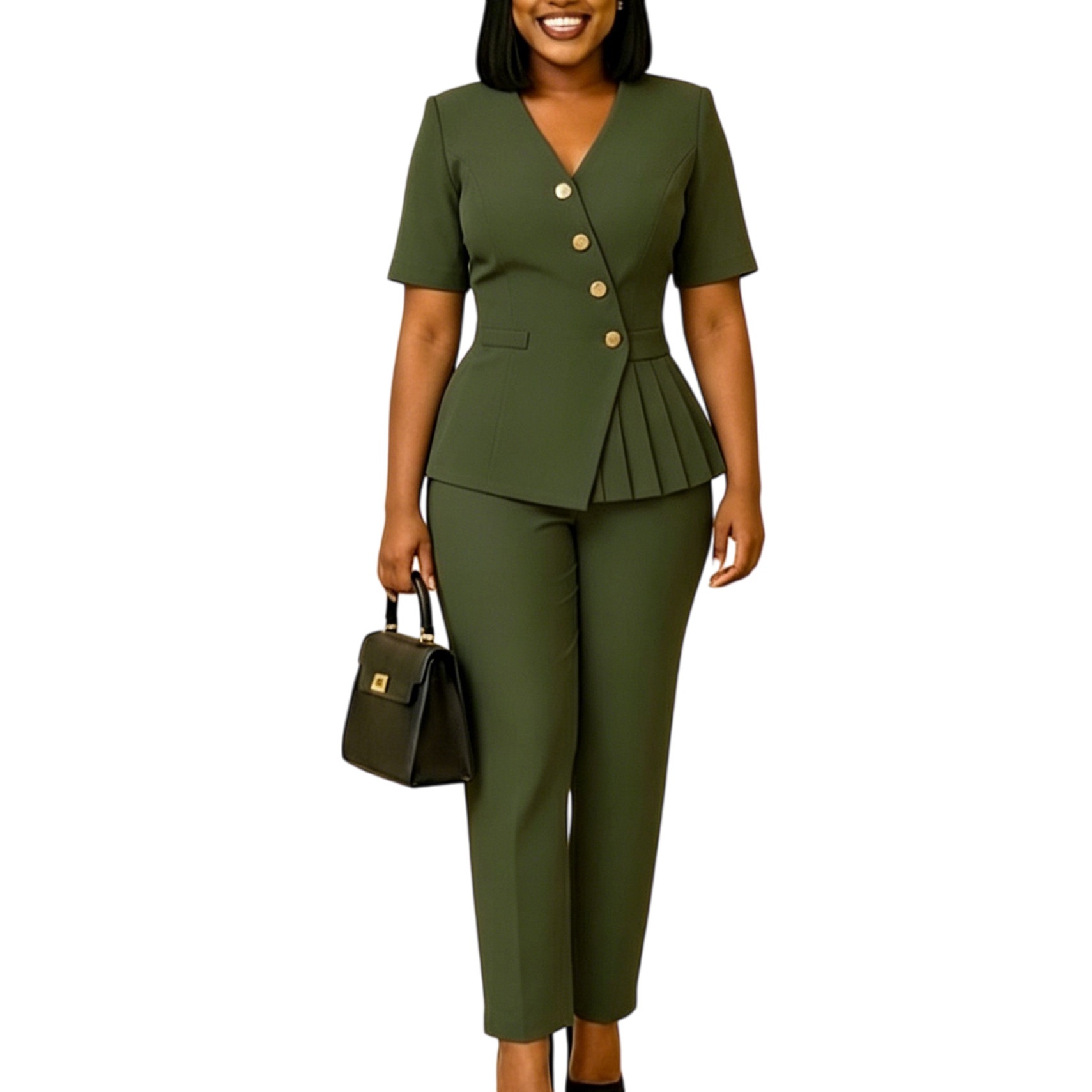 Amazon's new cross-border women's clothing - a stylish all-cotton casual blouse and pants set for office wear, in a solid color, for an African-style outfit.