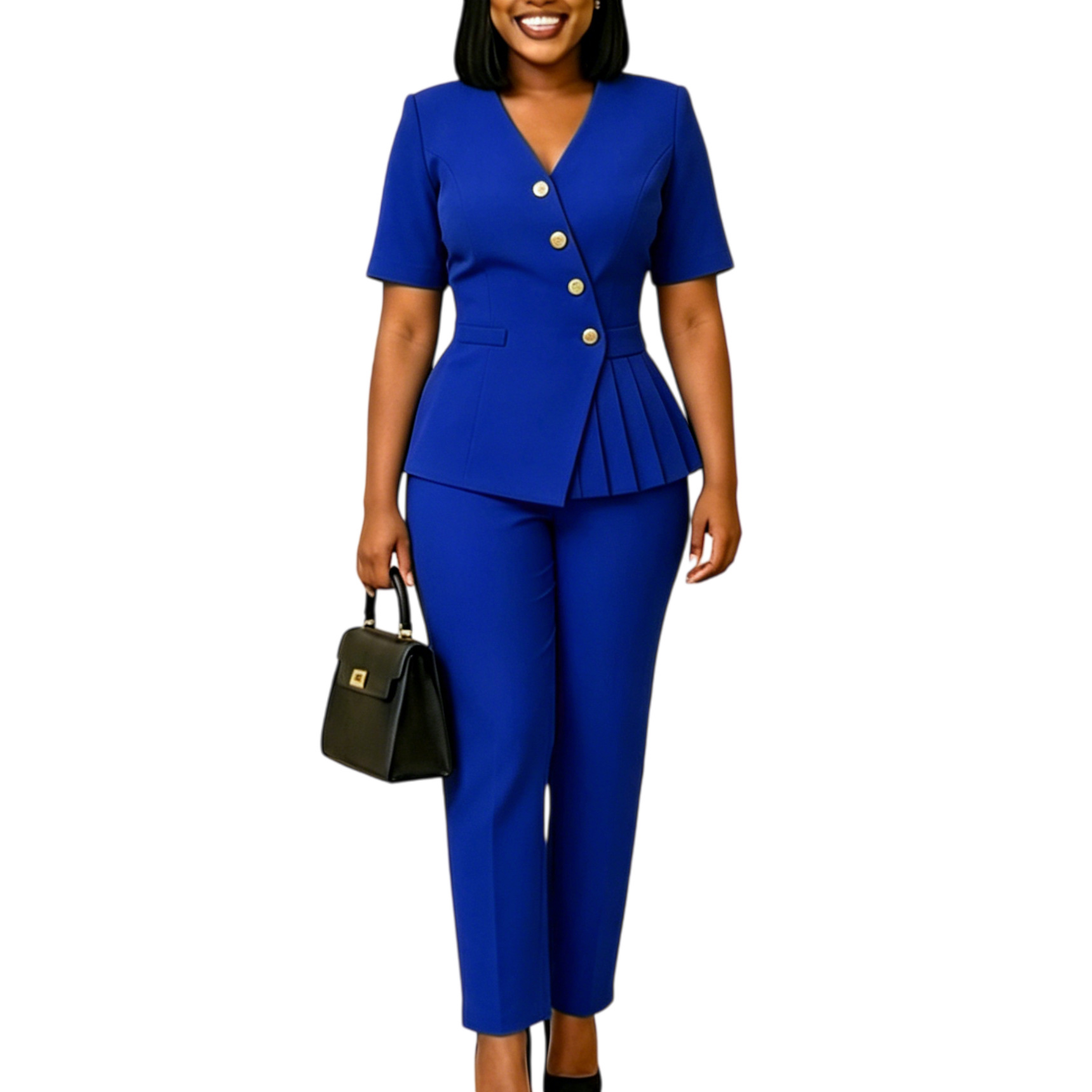 Amazon's new cross-border women's clothing - a stylish all-cotton casual blouse and pants set for office wear, in a solid color, for an African-style outfit.
