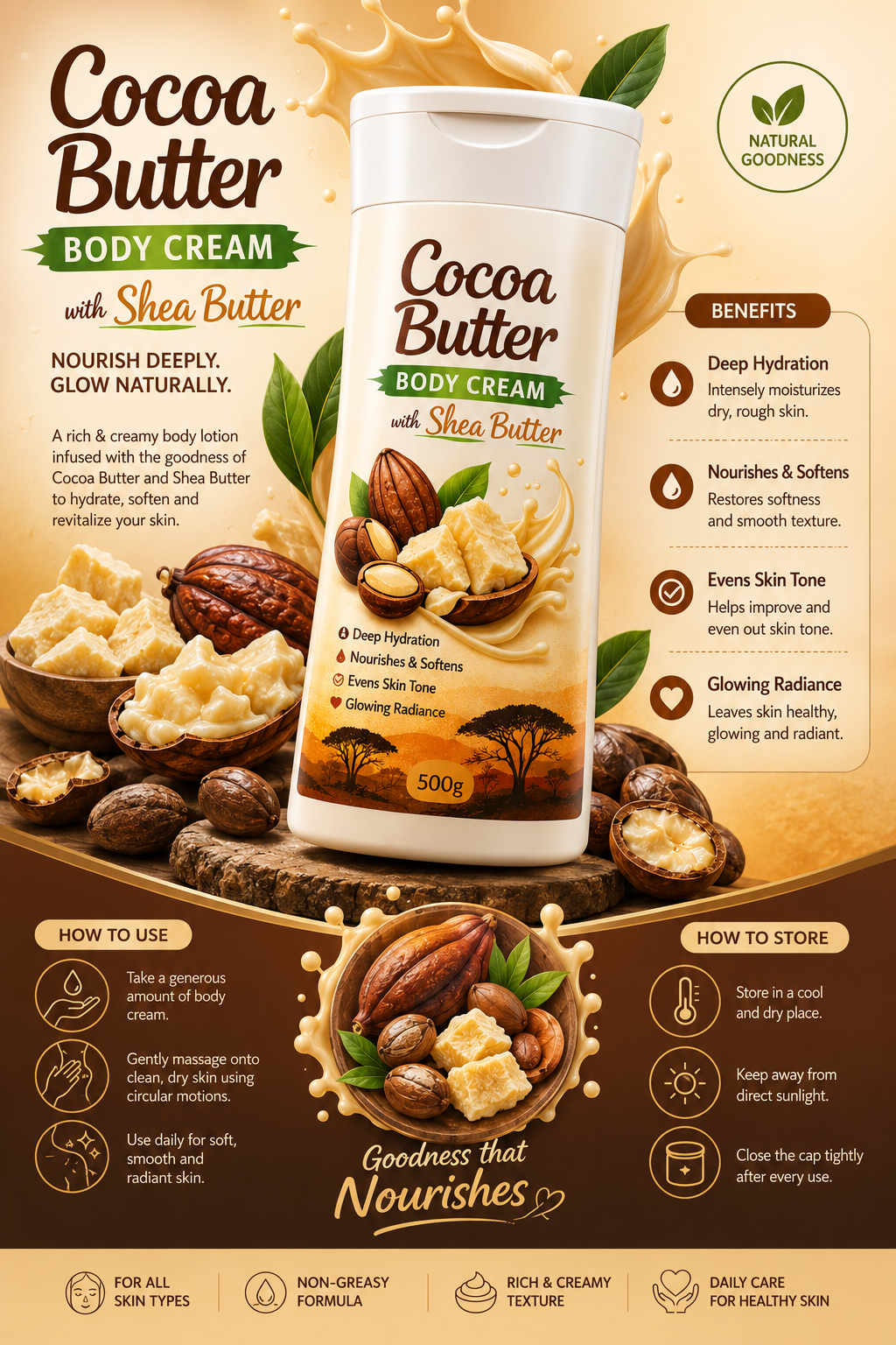 Cocoa Butter & Shea Butter Body Cream – Deep Moisturizing, Skin Brightening & Glow Boosting Lotion for Smooth Radiant Skin