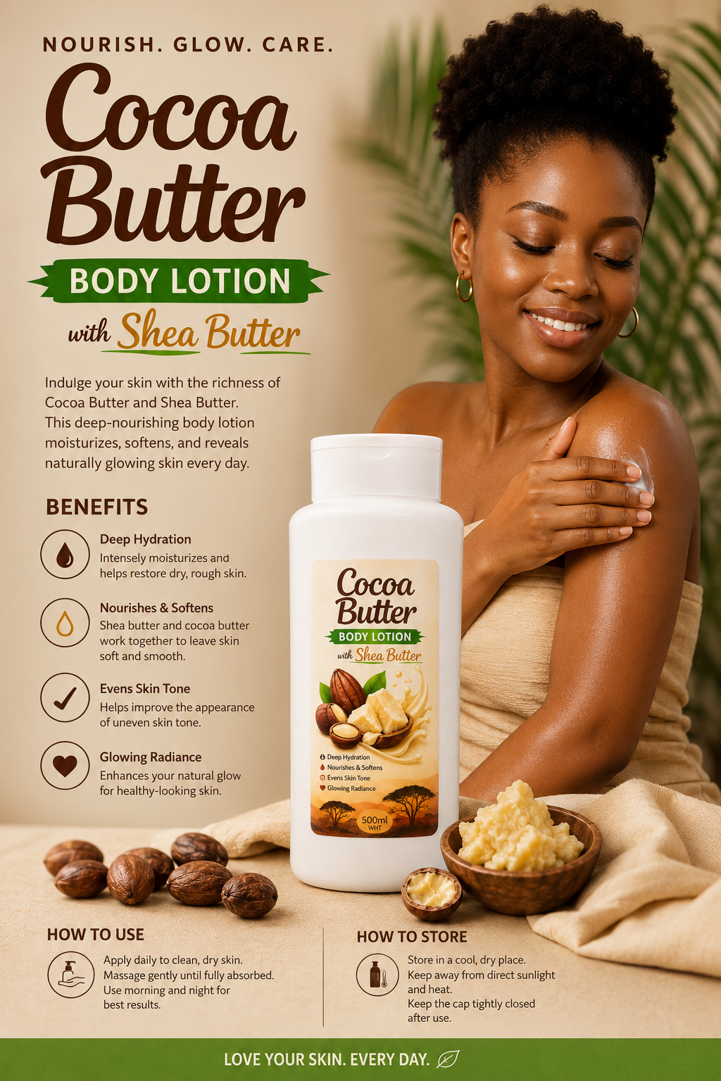 Nourishing Cocoa Butter Body Lotion with Argan Oil, Turmeric Oil & Shea Butter – Skin Brightening & Deep Moisturizing Lotion for Soft Glowing Skin