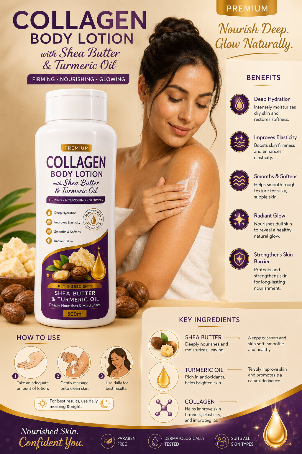 Premium Collagen Body Lotion with Shea Butter & Turmeric Oil  – Deep Moisturizing, Skin Brightening & Glow Boosting Lotion for Smooth Radiant Skin