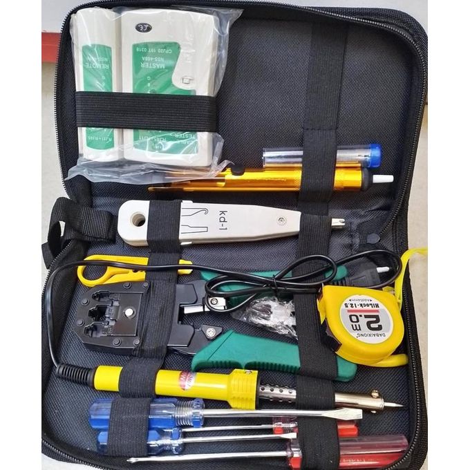 Network Tool Kit 15 In 1 Ethernet Crimping Tool For Cat5 / Cat5e / Cat6 /Cat6a,RJ11 / RJ45 Network Cable Tester Wire Tracer Punch Down Tool, Solder Gun, Solder, wire Cutter, screw drivers, tape measu