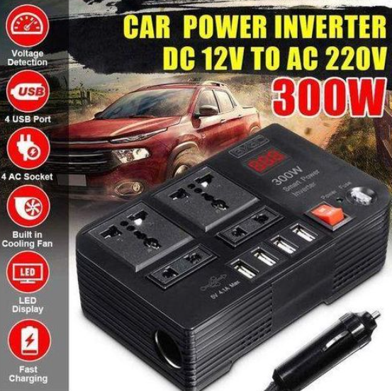 Portable Car Power Inverter Car Charging Adapter DC 12V To AC 220V 300W Converter 4USB Charger Outlet Socket Auto Accessories