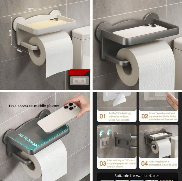 Punch-Free Toilet Tissue Holder – Wall-Mounted Paper Roll Dispenser (Grey, Black, White)
