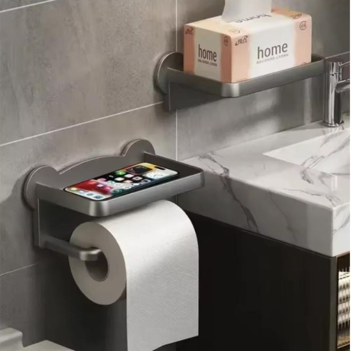 Punch-Free Toilet Tissue Holder – Wall-Mounted Paper Roll Dispenser (Grey, Black, White)