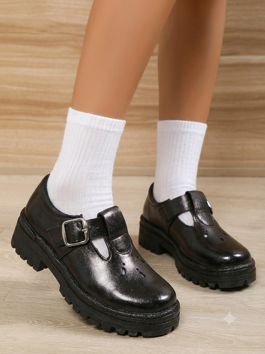 Back to School Girls Black School Shoes Buckle Strap School Uniform Shoes Durable Leather Student Shoes Non-Slip Rubber Sole Comfortable Kindergarten Primary School Formal Girls shoes from Size 23-44