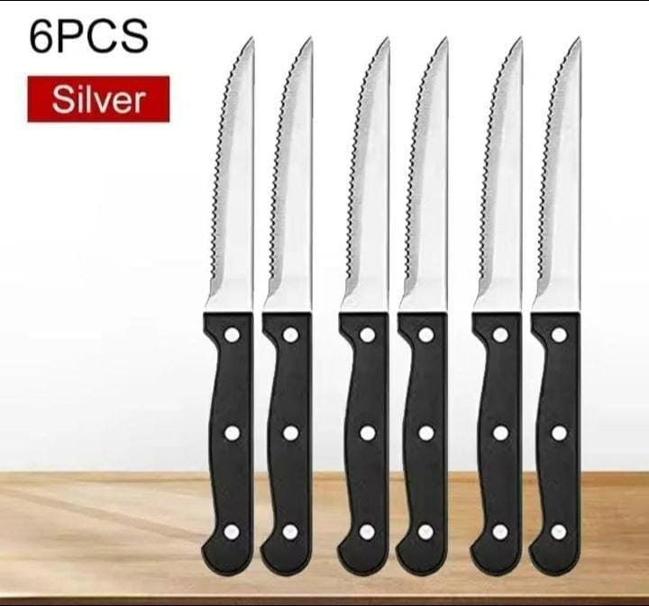 6pcs STAINLESS STEEL SERRATED STEAK KNIFE ,Good in..Meat, butter spread, fruits cuts.Comfortable handle & very sharp 22cm , short sharp sizes