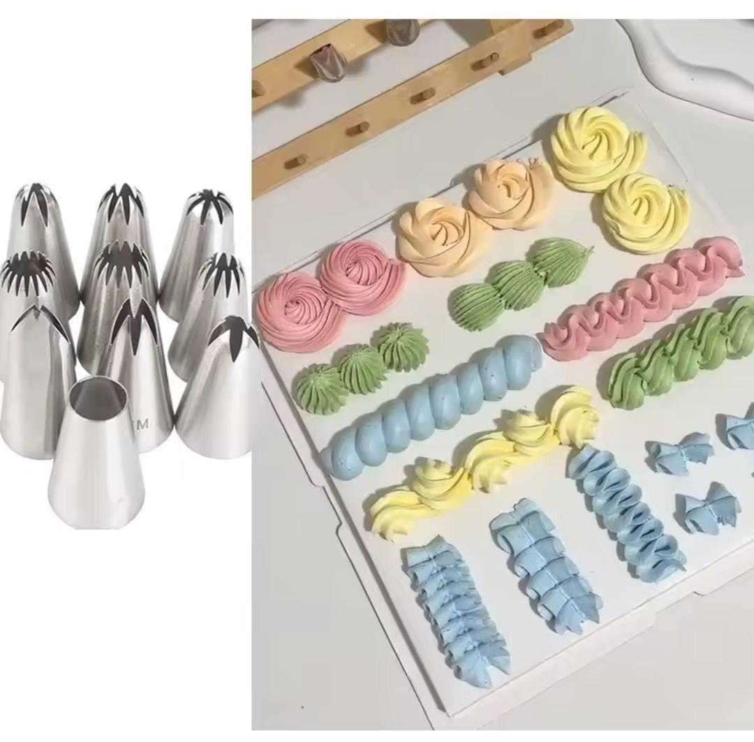 Cake icing noozles plus gun,Material: Stainless steel noozles with plastic gun, Colours: White, Pink and Purple