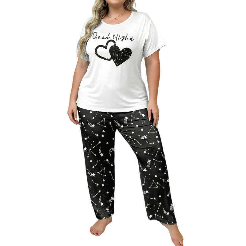 Casual Plus Size Women Pajamas Set, Star Heart Print Crew Neck Short Sleeve & Long Pants Loungewear