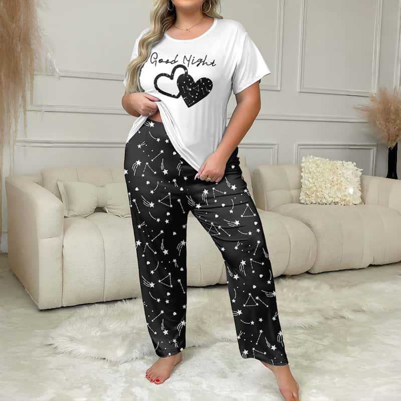 Casual Plus Size Women Pajamas Set, Star Heart Print Crew Neck Short Sleeve & Long Pants Loungewear