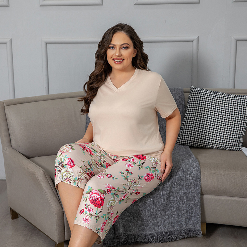 Plus Size Women | Short Sleeve Top & 7/8 Capri Pants Pajama Set | Soft Breathable Fabric | Home Nightwear Loungewear