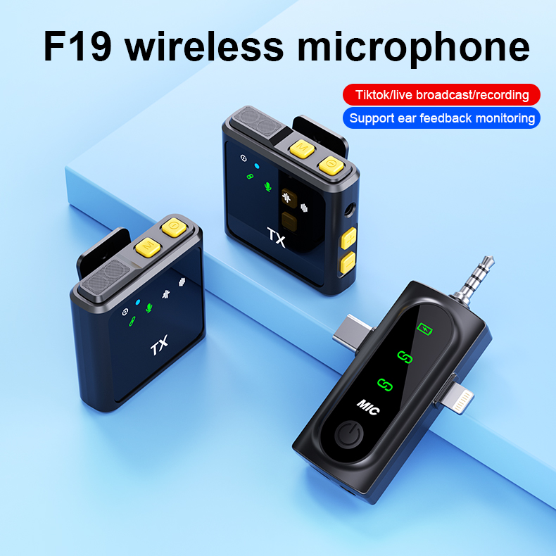 F19 3-in-1 Mini Wireless Lavalier Microphone Recording Mic 2.4GHz Portable Collar Microphone for IPhone Recording Podcast Tiktok Live