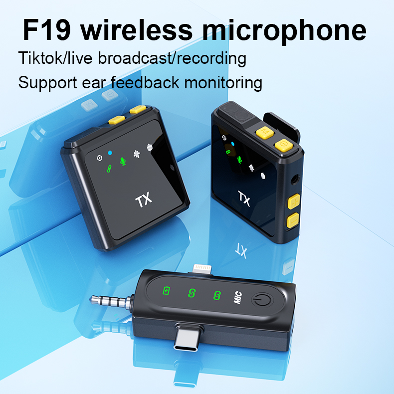 F19 3-in-1 Mini Wireless Lavalier Microphone Recording Mic 2.4GHz Portable Collar Microphone for IPhone Recording Podcast Tiktok Live