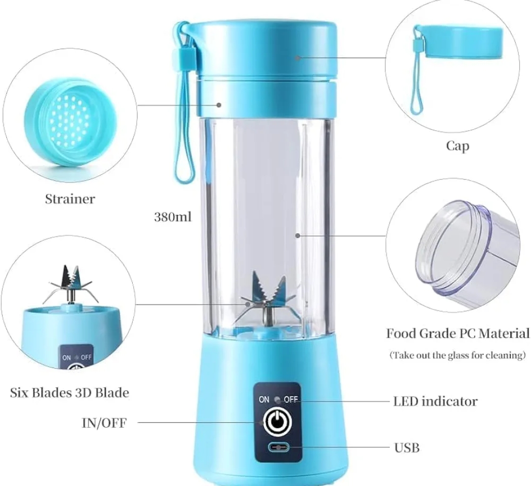 Portable Juicer Blender 6-Blade | USB Rechargeable Smoothie Maker with Built-in Bottle | Personal Fruit Juice & Protein Shake Mixer | Portable blender for Home, Travel & Gym
