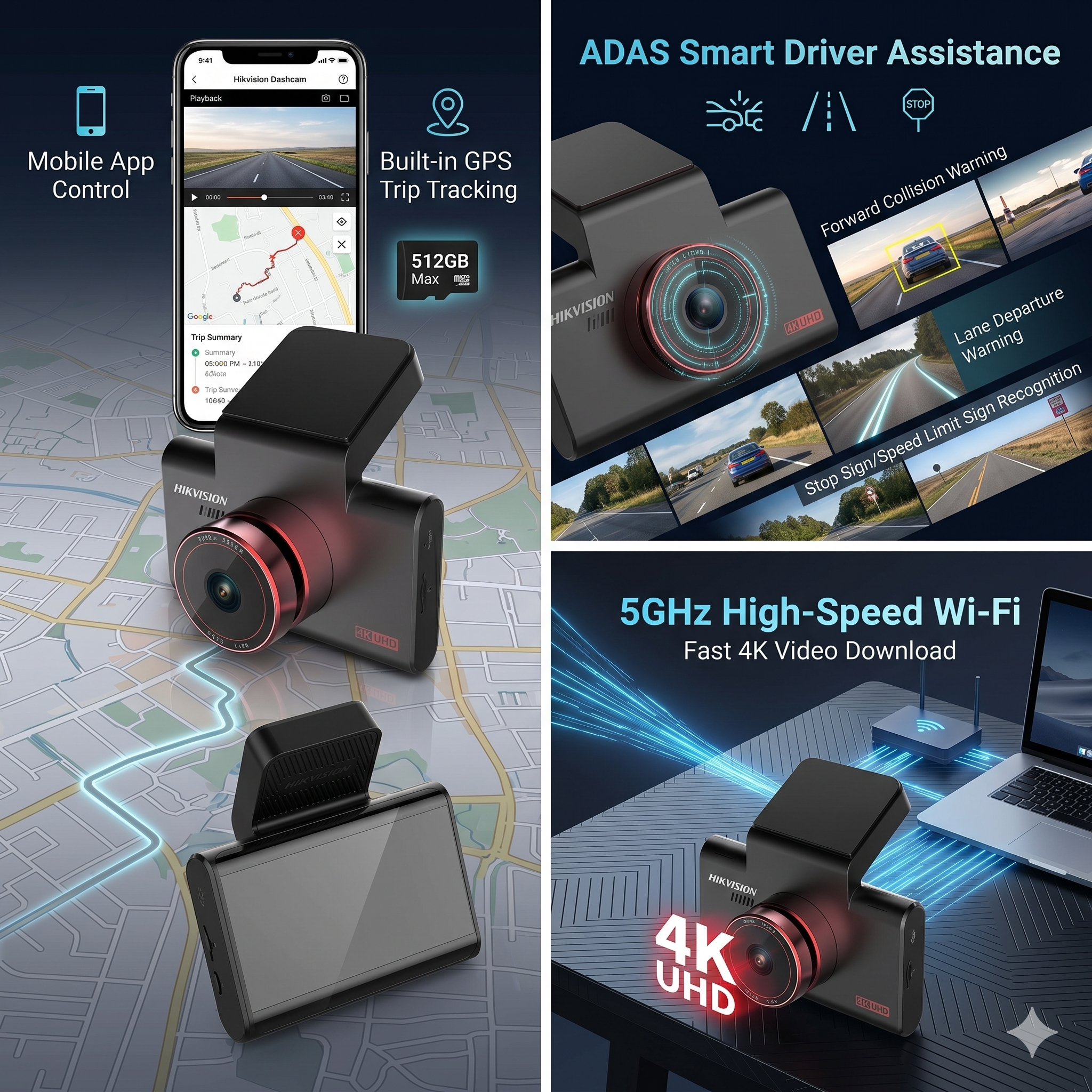 Hikvision AE-DC8312-C6S Powerful 4K Dash Camera, Built-in GPS, 5GHz Wi-Fi, ADAS Smart Driver Assistance & Mobile App Control