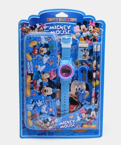 Mickey Mouse Kids Watch Set – Cartoon Wrist Watch with Stationery Gift Pack Nursery Primary Grade 1 Set Watch Eraser Pencil Sharpener Rubber