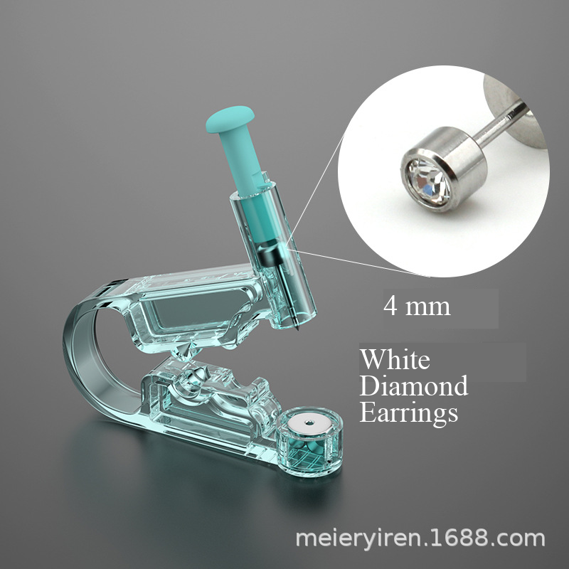 Disposable Sterile Ear Piercing Gun Kit with 4mm White Diamond Stud + Helper Clip - No Pain Safe Home Piercing
