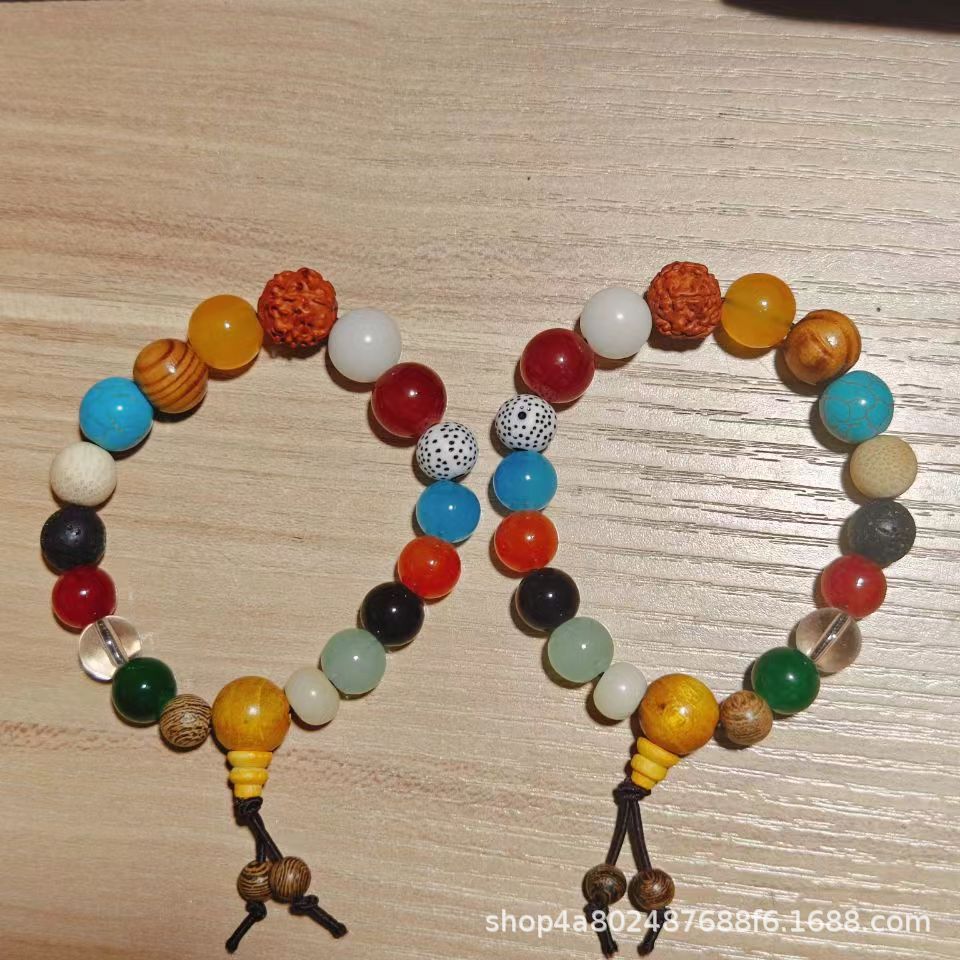 New Chinese Style 18 Beads Bracelet, Mixed Natural Stone Rudraksha Worry Beads Bracelet, Multicolor Mala Prayer Beads, Religious Meditation Hand Jewelry For Men Women