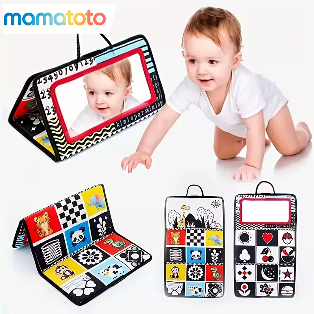 Black-Red-White Baby Cloth Book (0-12 Months) – Foldable Double-Sided Fabric Book with Haha Mirror, Promotes Tactile, Visual & Motor Skills, Early Sensory Learning Toy, Perfect Baby Shower Gift