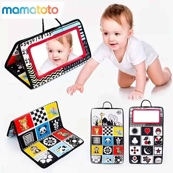 Black-Red-White Baby Cloth Book (0-12 Months) – Foldable Double-Sided Fabric Book with Haha Mirror, Promotes Tactile, Visual & Motor Skills, Early Sensory Learning Toy, Perfect Baby Shower Gift