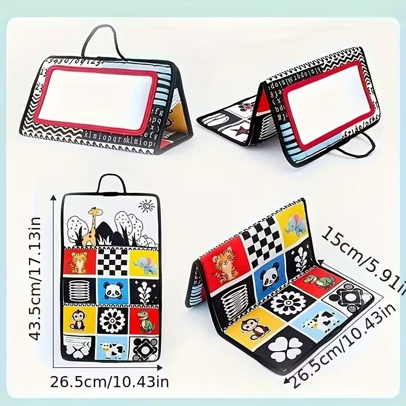 Black-Red-White Baby Cloth Book (0-12 Months) – Foldable Double-Sided Fabric Book with Haha Mirror, Promotes Tactile, Visual & Motor Skills, Early Sensory Learning Toy, Perfect Baby Shower Gift