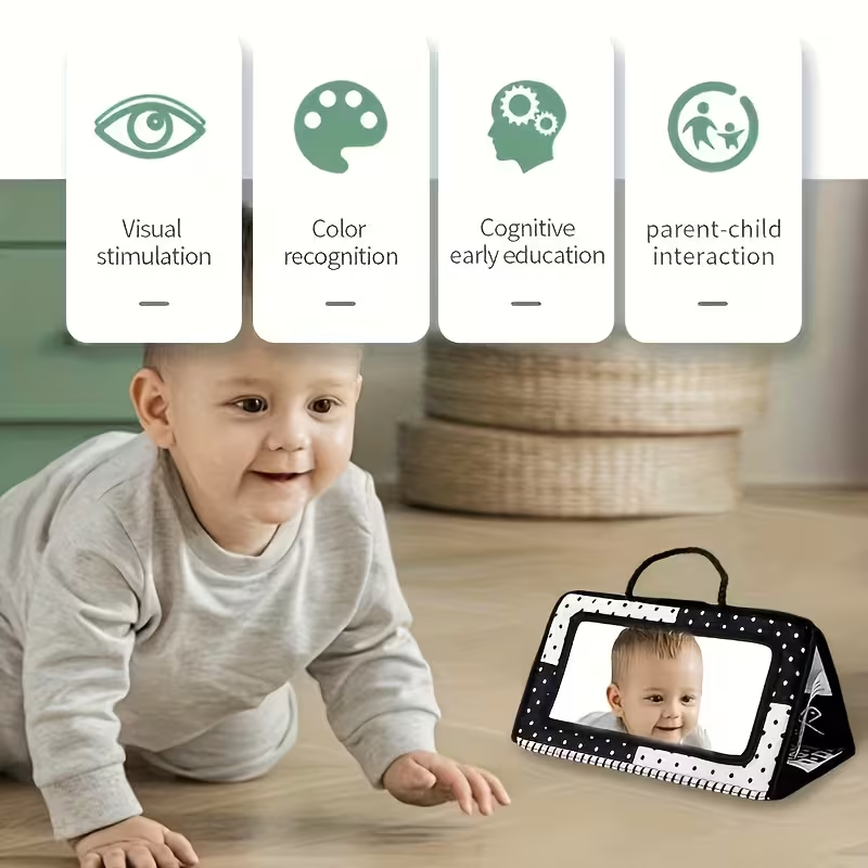 Black-Red-White Baby Cloth Book (0-12 Months) – Foldable Double-Sided Fabric Book with Haha Mirror, Promotes Tactile, Visual & Motor Skills, Early Sensory Learning Toy, Perfect Baby Shower Gift