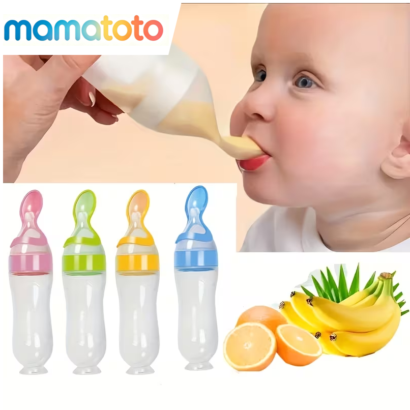 All-in-One Baby Food Feeder – 90ml Silicone Squeeze Bottle with Attached Spoon, for Cereal, Puree & Supplements, Easy Grip & Control for 6+ Months, Great for Home, Travel & Baby-Led Weaning