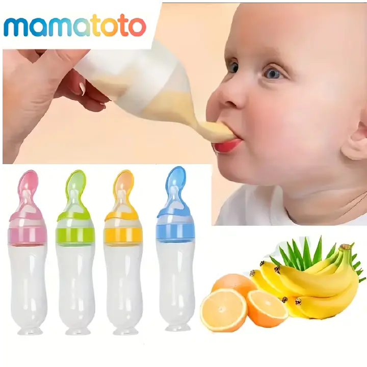 All-in-One Baby Food Feeder – 90ml Silicone Squeeze Bottle with Attached Spoon, for Cereal, Puree & Supplements, Easy Grip & Control for 6+ Months, Great for Home, Travel & Baby-Led Weaning