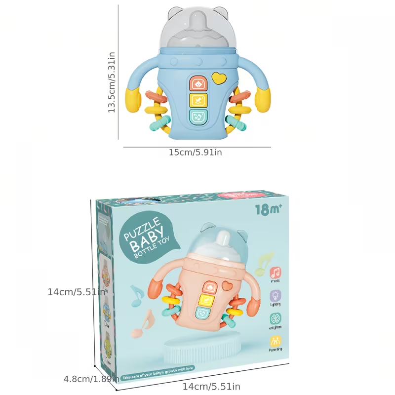 3-in-1 Musical Baby Bottle Rattle & Teething Toy – Early Learning with Music & Lights, Safe to Chew Soothes Gums, Built-in Rattle Sounds, Sensory Development for Infants 0-12 Months, Perfect Gift