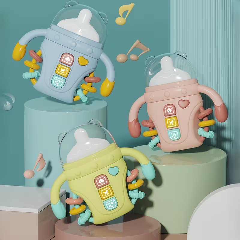 3-in-1 Musical Baby Bottle Rattle & Teething Toy – Early Learning with Music & Lights, Safe to Chew Soothes Gums, Built-in Rattle Sounds, Sensory Development for Infants 0-12 Months, Perfect Gift