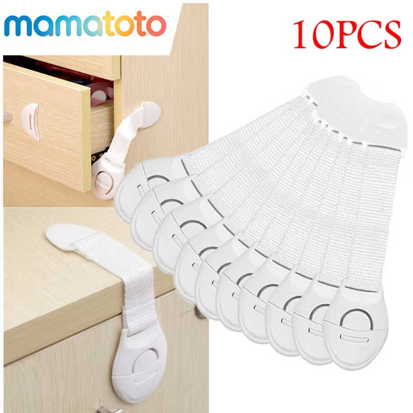 10 Pcs No-Drill Cabinet Safety Locks – Easy Install Adhesive Latches for Drawers, Doors, Fridge & Toilet，Strong ABS with Easy Peel & Stick