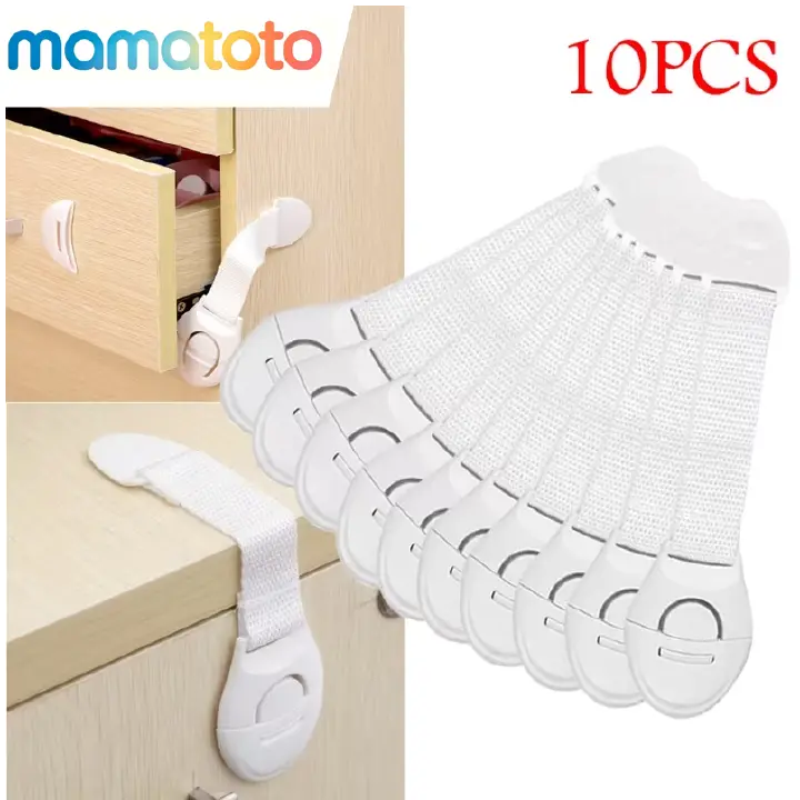 10 Pcs No-Drill Cabinet Safety Locks – Easy Install Adhesive Latches for Drawers, Doors, Fridge & Toilet，Strong ABS with Easy Peel & Stick