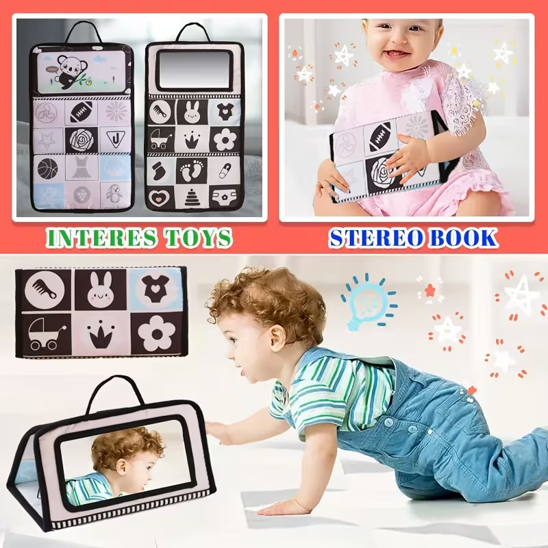 Black-Red-White Baby Cloth Book (0-12 Months) – Foldable Double-Sided Fabric Book with Haha Mirror, Promotes Tactile, Visual & Motor Skills, Early Sensory Learning Toy, Perfect Baby Shower Gift