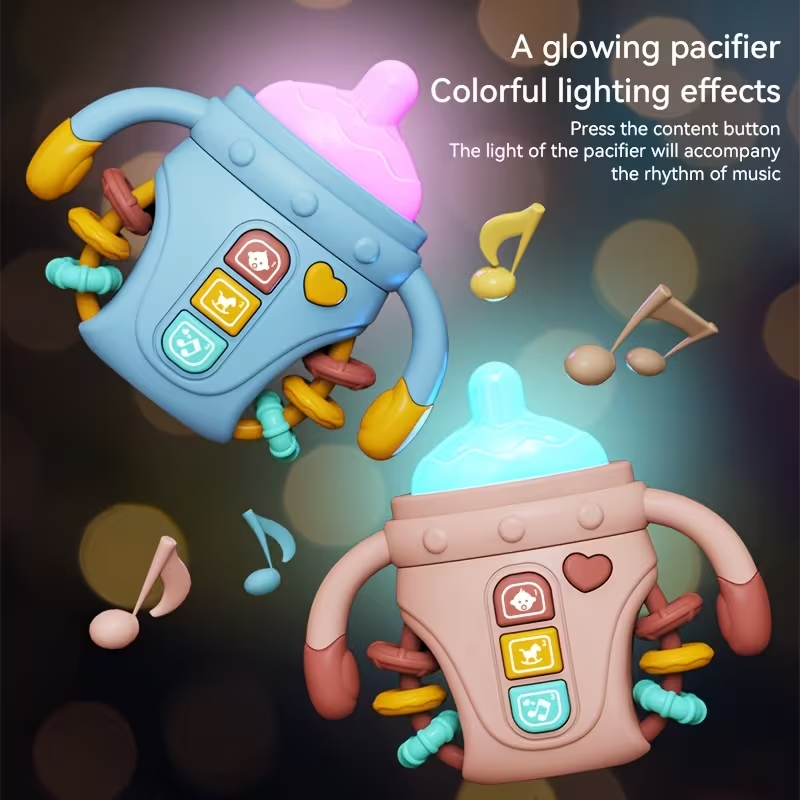 3-in-1 Musical Baby Bottle Rattle & Teething Toy – Early Learning with Music & Lights, Safe to Chew Soothes Gums, Built-in Rattle Sounds, Sensory Development for Infants 0-12 Months, Perfect Gift