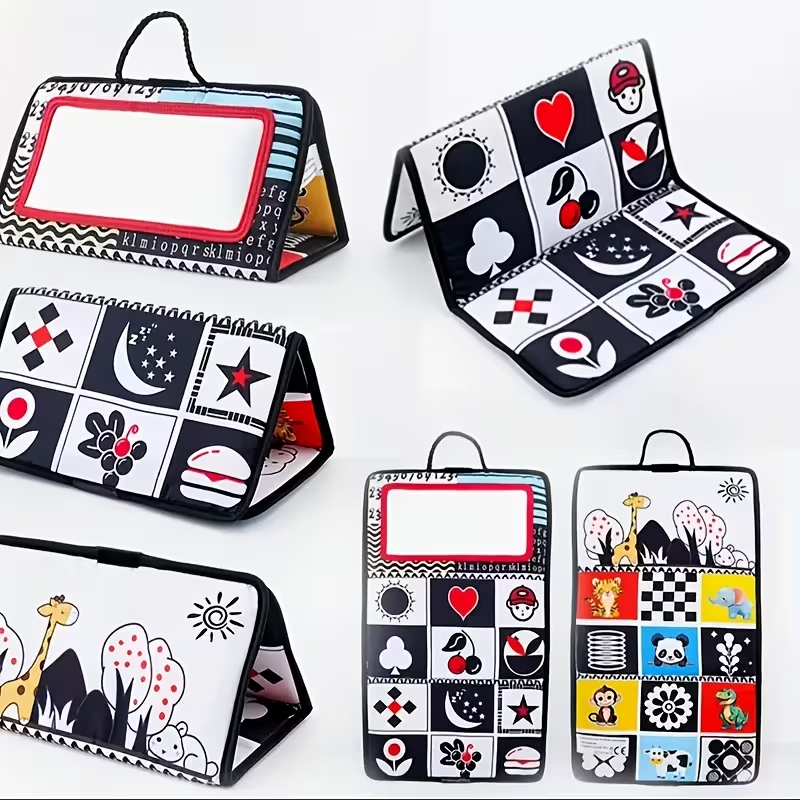 Black-Red-White Baby Cloth Book (0-12 Months) – Foldable Double-Sided Fabric Book with Haha Mirror, Promotes Tactile, Visual & Motor Skills, Early Sensory Learning Toy, Perfect Baby Shower Gift