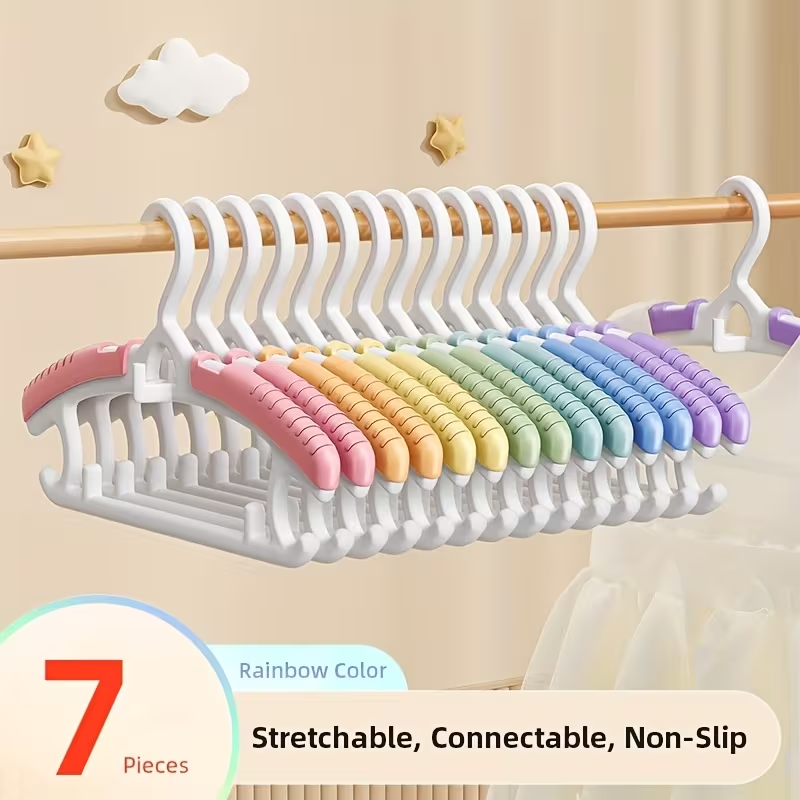 7pcs Adjustable Rainbow Baby Hangers – Retractable Width Grows with Your Child from Newborn to Adults, Stackable Space-Saving Hangers for Closet Organization, Durable& Ideal for  Daily Home Use