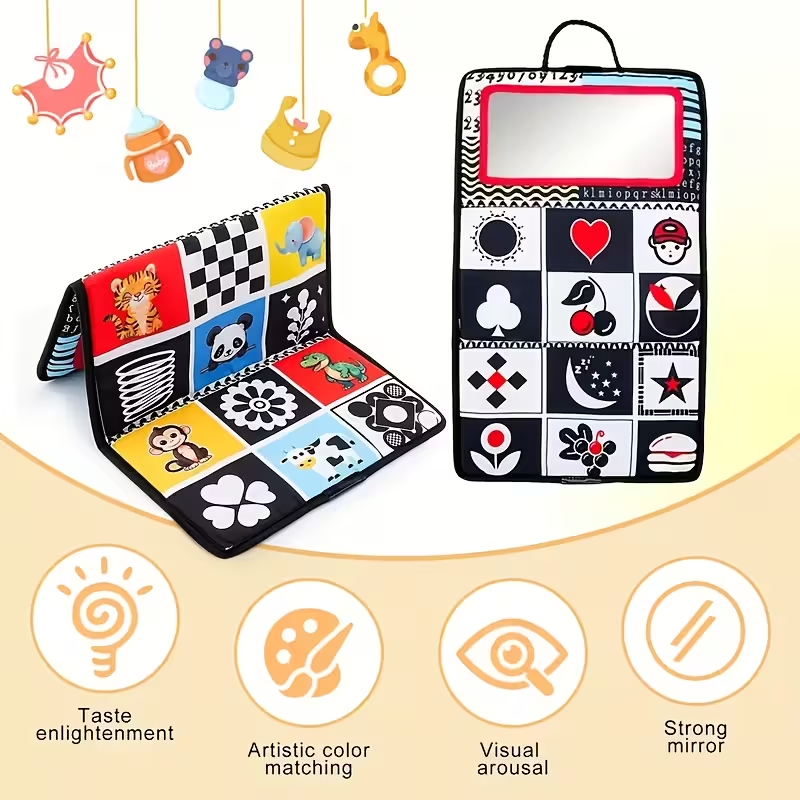 Black-Red-White Baby Cloth Book (0-12 Months) – Foldable Double-Sided Fabric Book with Haha Mirror, Promotes Tactile, Visual & Motor Skills, Early Sensory Learning Toy, Perfect Baby Shower Gift